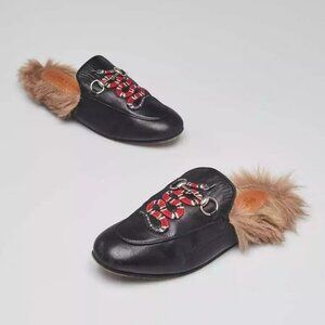Gucci Black Leather Fur Princetown Kingsnake Mules Flats Size 6.5/37